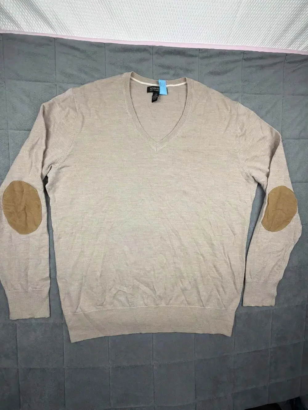 Banana Republic Extra Fine Merino Slim Fit V-Neck Sweater Elbow Patches XL Tan